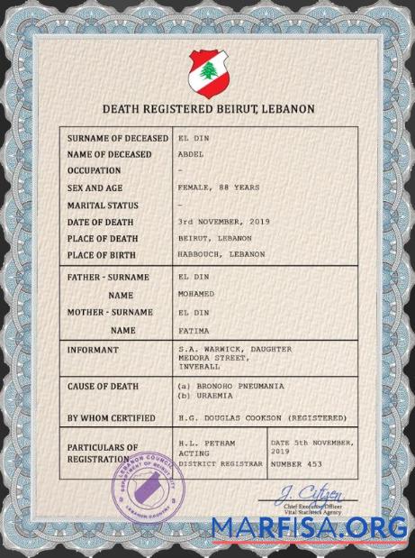 Printable Lebanon vital record death certificate PSD template